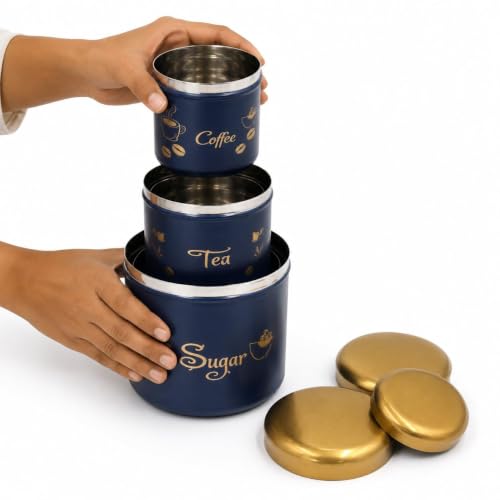 Premium Tea Sugar Coffee Canister Set of 3, Modern Blue Colour with Golden Lids, Stainless Steel Matte Storage Jars, Ideal for Gifting, Dishwasher Safe